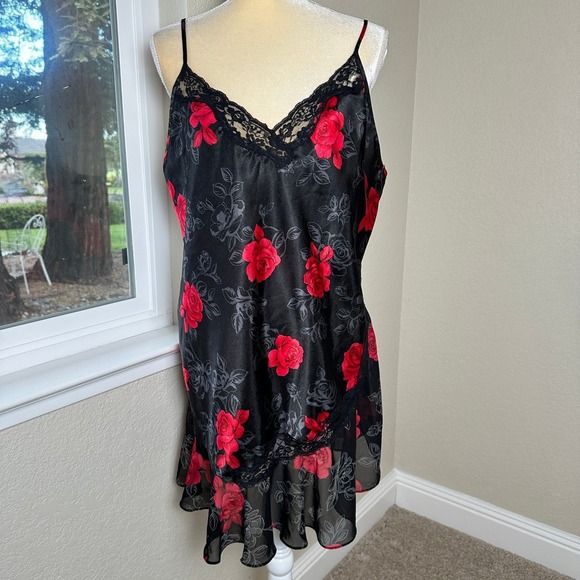Secret Treasures Dresses & Skirts - Floral Roses Lace Trim Satin Slip Dress Womens L Chemise Lingerie Romantic Goth